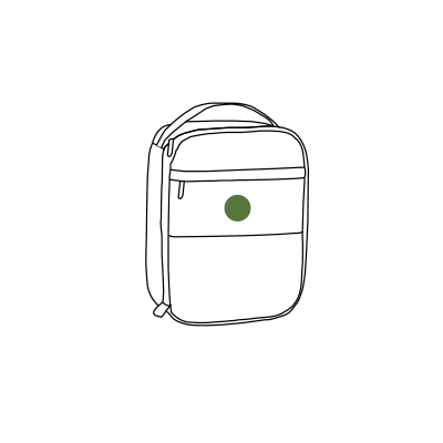A line drawing of a lunch box with a green dot indicatiing monogram placement centered on the front zip pocket.
